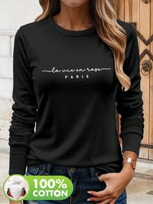 Black Long Sleeve T-Shirt With "Paris" French Print, Minimalist Romantic Style, Women's Long Sleeve T-Shirt, Cotton Round Neck Top, Female Apparel, Autumn/Winter, Warm Lining, Pullover, T-Shirt, Womenswear, Comfortable Fit, Autumn/Winter Clothing, Everyday Wear - Black - View 6