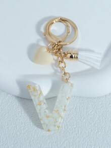 Shiny Marble Texture Uppercase English Resin Letter Set (26 Letters), 18K Gold Plated Lobster Clasp Chain Flat Ring 3 Pieces Set, Fashionable & Casual, Can Be Used As Cup Chain, Bag Chain, Phone Hanging Chain, Perfect For Birthday, Christmas Gifts, Car Accessories, Bag Charms, Campus Style, Gothic Style, Y2K Style - Beige - View 14