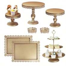Wedding Party Essentials,8pcs Dessert Table Display Set: Romantic Golden Round Cake Stand & Cupcake Tower For Birthday Parties, Weddings & Baby Showers, Gold/Cream White - 香檳色 - 查看 4