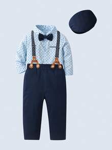 BOARNSEORL 3 件套男婴绅士服装套装 - 长袖圆点蝴蝶结衬衫、吊带背带裤和帽子，时尚正装，适合 100 天庆祝活动、生日派对、婚礼、戒指持有者 - 藍色 - 查看 4