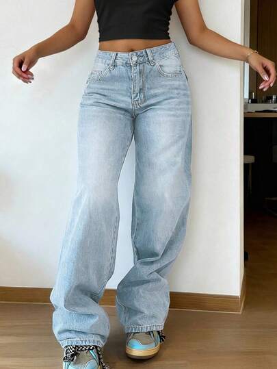Women's Vintage Loose Stacked Straight Leg Jeans Casual Spring