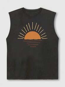 极简日出图案印花男士休闲宽松圆领背心，夏季新品 - 深灰色 - 查看 4