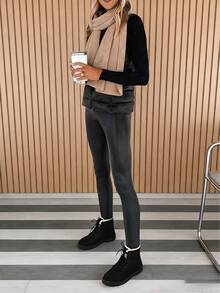 2026 Winter New Women's Snow Boots, PU Sole, Thin Sole, Non-Slip, Warm, Comfortable Women's Casual Sports Shoes, Cold-Proof And Warm Lining Thin-Soled Women's Mid-Calf Boots, Valentine's Day Style Gentle Flat Shoes, Soft-Soled Shoes, Plush Fashionable And Versatile Style, Suitable For Valentine's Day Dates, Work Commutes - Women's Knee-High Boots. Winter Wedding Fashion Shoes, Beach-Toned Casual Shoes. - màu đen - Xem 4