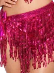 Women's Sequin Carnival Set – Fringe Top + Tie Skirt – Sexy Costume For Casual Elegant Party With Fringe And Knot - 玫紅色 - 查看 3