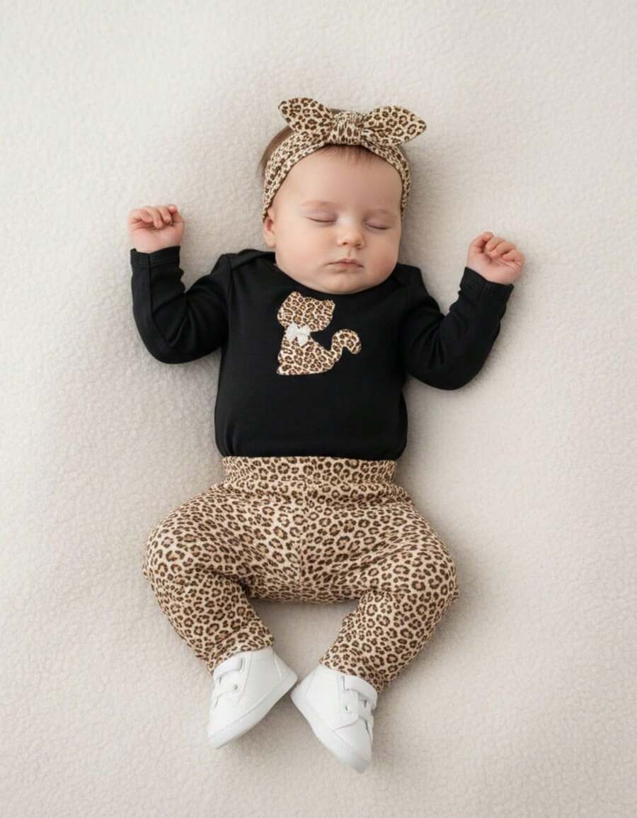 Sempre Bebê Baby Girl Clothing Set Long Sleeve Bodysuit With Pants And Headband Blogger Diva Kitty Leopard Print Bow Outfit Winter Cold Weather Set Black Leopard Print Luxury Blogger Black Kitty Bow Chic - 黑色 - 查看 1