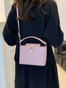 Bolso de cubo brillante para mujer, bolso de hombro y bandolera versátil, de moda para ir al trabajo y de compras - Rosa - Ver 7