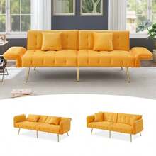 Multifunctional Two-Seater Sofa Bed With Bed Function, Adjustable Backrest, And Multi-Position Armrests. Modern Folding Sofa Bed For Living Room - Velvet Upholstery. Spacious Sleeping Area. - Mustard Yellow - View 5