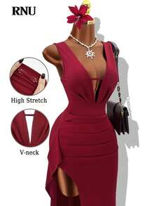 RNU Đầm dài màu đỏ tía cổ chữ V sâu gợi cảm dành cho nữ, thanh lịch và thoải mái với chất liệu co giãn, phù hợp cho các bữa tối trang trọng, tiệc sinh nhật, hộp đêm, năm mới, Giáng sinh, hẹn hò, tụ họp, hòa nhạc, mọi mùa. - Màu Đỏ Sâu - Xem 2
