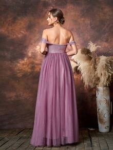 Faeriesty Elegant Maternity Off-Shoulder Maxi Party Gown Sequin Embellished Mesh Fabric, Chest Ruched Detailin - Mauve Purple - View 2