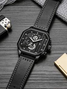 两件套男士时尚商务手表套装，包括1块黑色表盘机械石英表，配黑色PU皮表带和金色饰边，以及1个黑色几何缝线PU皮钱包。 - 黑色 - 查看 5