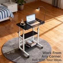 Adjustable Height Standing 3-Tier Rolling Table - Multi-Functional Mobile Lifting Table With Storage Shelves, A Movable Craft Table, Space-Saving (Black/White Available) Sewing Storage And Furniture. Durable Metal Frame Construction, Easy To Assemble, Suitable For Bedrooms And Dormitories, A Lazy Table, And An Ideal Workbench For Artists, Artisans, Craftspeople, Sewing Supplies Makers, And Home Office Workers. - 黑色 - 查看 2
