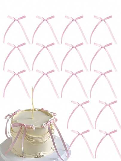 20pcs Ribbon Bow Cake Decorations, Made Of Satin Ribbon, Suitable For Birthday Party, Wedding Anniversary, Baby Shower, Bridal Shower, Handmade, Valentine's Day, Romantic Occasions And Gift Packaging, Minimalist Bow Decor, Home Decor Accessories, Fit For Home Decoration, 1 Set