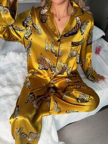 2件套斑马纹百搭简约通勤翻领长袖上衣和裤子女士睡衣套装 - 薑色 - 查看 4