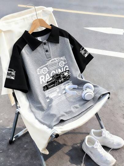 青少年男童服装，赛车图案T恤 - 休闲宽松运动短袖Polo衫 - 完美的夏季礼物，适合上学、旅行、聚会和郊游