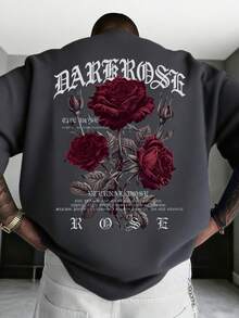 Zrgoth Men's Casual Versatile Simple Rose Flower Print Short Sleeve T-Shirt - Dark Grey - View 3