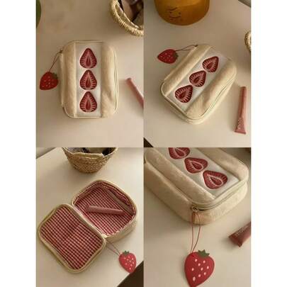 Pencil Case Strawberry Sandwich Plush Bag For Women Sweet Cute Storage Bag Niche Cosmetics Suitable For Storing Small Items Pencils Makeup Brushes Multi-Functional Large Capacity Portable Travel Storage Space-Saving Suitable For Gifting To Friends And Besties