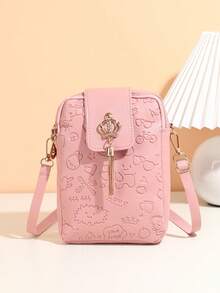 1 pieza Bolso vertical para teléfono con patrón en relieve lindo para niñas, bolso bandolera con colgante de borla con corona, regalo ideal - Multicolor - Ver 4