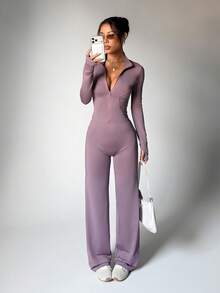 2pcs/Set Taro Purple Zipper Fitted Long Sleeve Top + Loose Wide Leg Pants Yoga Outfit - Mauve Purple - View 6