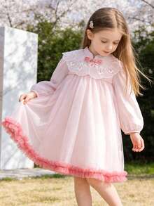 mini bala 女婴刺绣网纱连衣裙，中国风，柔软甜美，2026春季系列 - 白紅色 - 查看 2