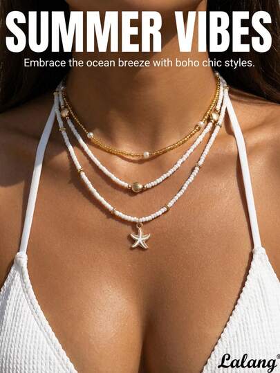 3pcs Bohemian Style Starfish, Shell, Fish Tail Beaded Necklace Jewelry, Layered Beachwear Accessories, Versatile For Women, Daily, Party, Valentine's Day, Summer Gift