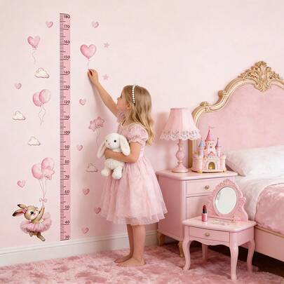 BRUP 1/2 件/套 可爱芭蕾兔配粉色气球云朵 儿童墙贴 可移除 儿童房婴儿房装饰 身高测量图 即撕即贴