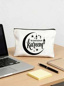 Stars Moon Pattern And Letters Ramadan Pattern Cosmetic Bag With Letters"Ramadan Kareem" Design-Linen Button Decorative Handbag, Stars Moon Printed Handbag,For Ramadan Kareem,Bismilah, Eid Mubarak, Iftar, Ramadan Theme Pattern, Large Capacity Ladies' Travel Makeup Bag - Multicolor - View 5