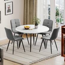 Dining Table And ChairsSet Of 4, Extendable Round Marble Effect Folding Table With 4 Upholstered Linen Chairs For Dining Room, Kitchen - White Marble Table + 4 Gray Linen Chairs - View 10