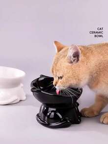 1pc Black/White Cat Food Bowl, Pet Supplies, Slanted Cat Bowl, Dog Food Bowl, Pet Feeding Bowl, Minimalist, Cute, Pet Bowl, Feeding Bowl, Protect Neck, Anti-Spill, Fine Ceramic - Multicolor - View 1