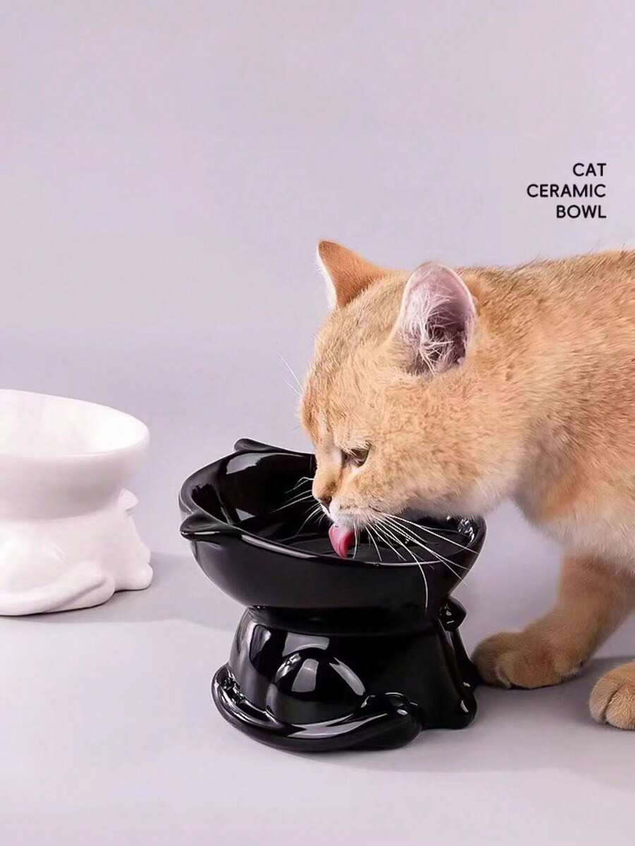 1pc Black/White Cat Food Bowl, Pet Supplies, Slanted Cat Bowl, Dog Food Bowl, Pet Feeding Bowl, Minimalist, Cute, Pet Bowl, Feeding Bowl, Protect Neck, Anti-Spill, Fine Ceramic - Multicolor - View 1