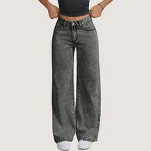 Set Of 3 Women's Wide Leg Jeans, Graphite Gray, High Waist, Casual, Elegant, Boho Style, With Pockets, Button And Zipper, All Seasons - 石墨色 - 淺藍色 - 深藍色 - 查看 7