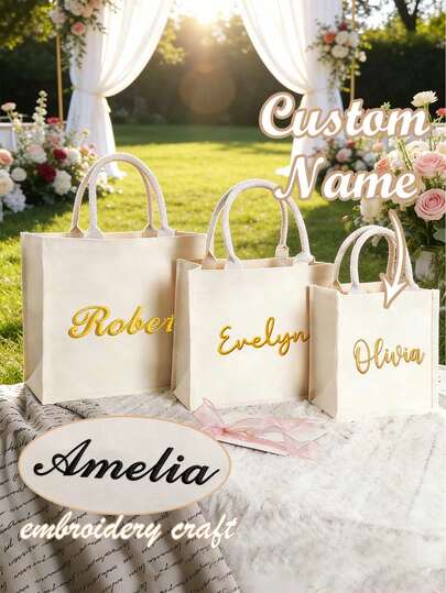 Customized Embroidered White Canvas Tote Bag, Personalized Elegant Wedding Bridesmaid Canvas Bag, Bachelorette Party Gift, Beach Handbag, Customized Gift, Student Supplies Bag, Foldable, Casual Style