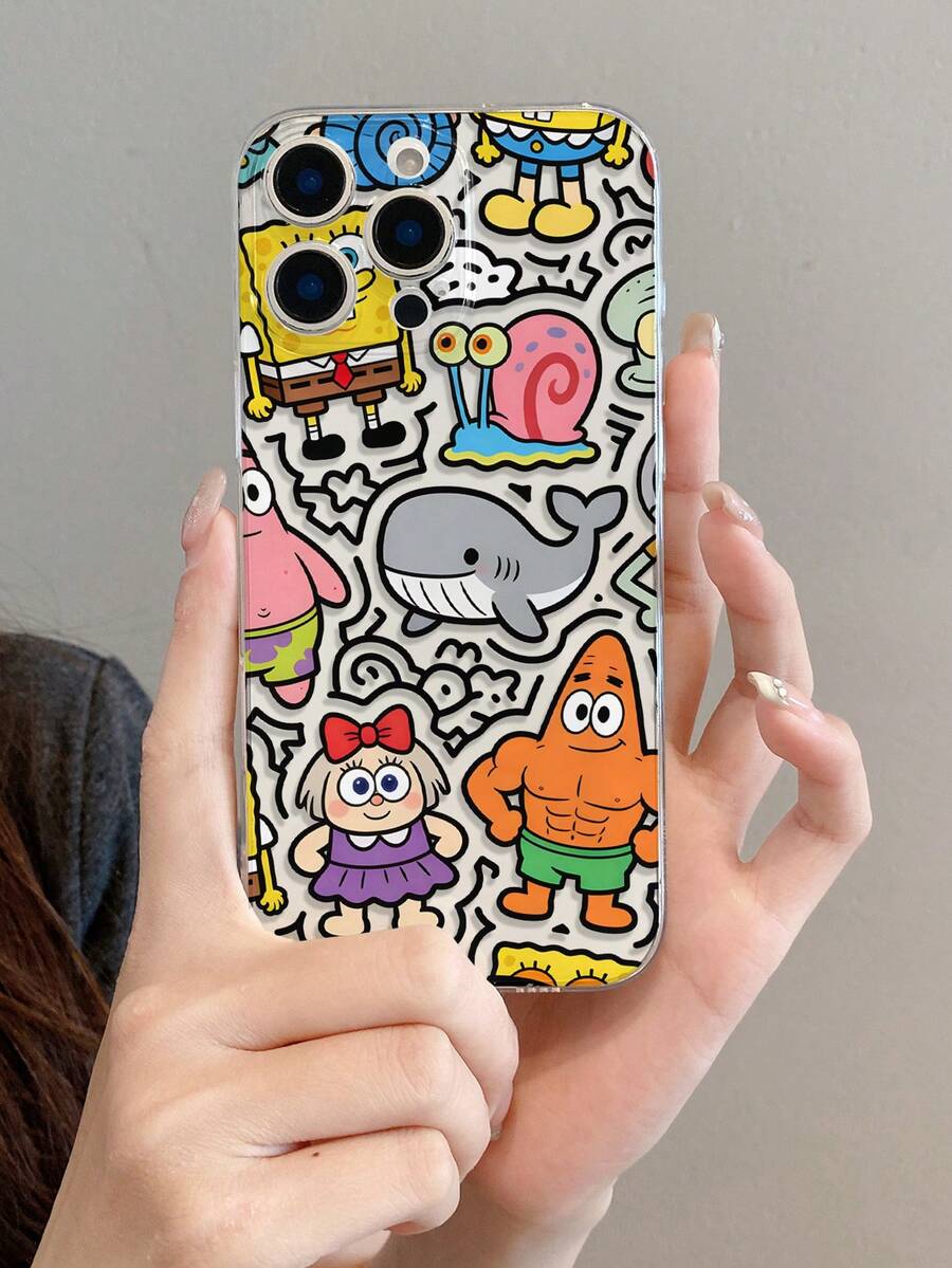 1pc Creative Bow Girl, Spongebob, Striped Dolphin Painted Pattern Shockproof Transparent Phone Case, Suitable Compatible With Samsung/ 11/12/12 Pro Max/14 Pro Max/15/15 Pro/16/16 Pro Max/17 And Other Models - Multicolor - View 1