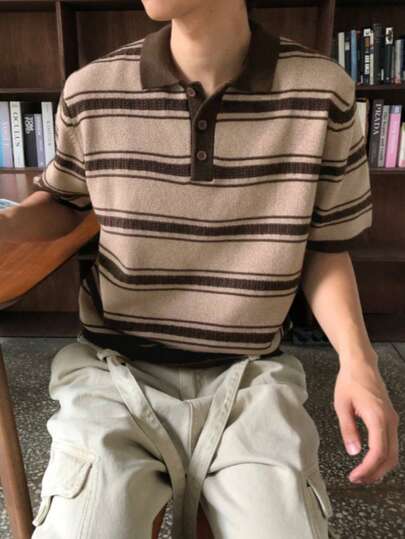 Herren lässiges, weites, minimalistisches Farbblock-Streifenshirt mit koreanischem Retro-Polokragen, Knopfleiste und Kurzarm, Frühling/Sommer