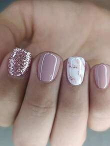 24pcs Short Square Nail Stickers, French Smoky Eyeshadow Glitter Striped Nail Stickers, Minimalist & Sweet Design, Full Coverage Easy Application, Suitable For Women & Girls For Daily Use And Outings Nail Supplies - Multicolor - View 1