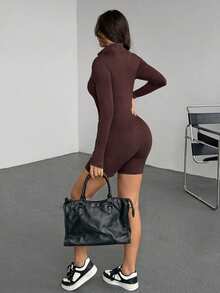 AITYI Studio Damen Romper, gut sitzend, lässig & bequem, Stehkragen, Bodycon, Shapewear, modisch & sexy, figurbetonend, für Outdoor, Sport, Party, Abschluss, Weihnachten, Neujahr, Thanksgiving, Herbst/Winter Stretch Strick Langarm Romper - Kastanienbraun - Übersicht 3