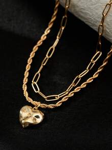 2 Buah Kalung Liontin Berbentuk Hati Berlapis Tembaga, Gesper Kotak-kotak & Hiasan Zirkonia Kubik Mengkilap, Kalung Pria - Yellow Gold - View 4