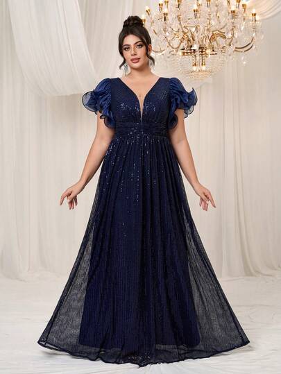 YISIKADO Đầm dạ hội cỡ lớn dành cho nữ, tay bồng, đính sequin, cổ chữ V sâu thanh lịch, phù hợp cho khách dự đám cưới, lễ tốt nghiệp, tiệc tối.