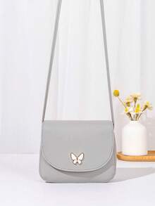 Mini Butterfly Print Decor Metal Crossbody Shell Bag - Grey - View 3