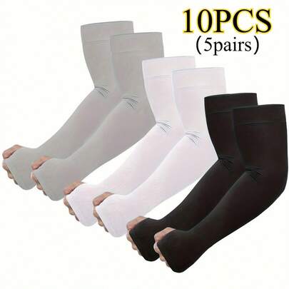 10pcs/5 Pairs Unisex Thumb Hole Compression Cooling Arm Sleeves, Nylon Material With Thumb Hole, Cooling And UV Protection, Suitable For Baseball, Basketball, Cycling, Running, Golf And Other Outdoor Activities