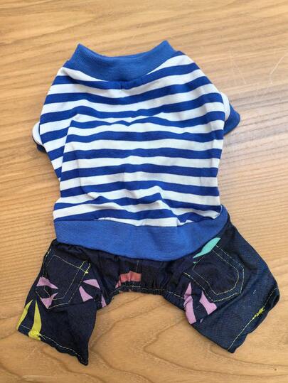 Spring/Summer New Pet Dog/Cat Clothes, Poodle, Bichon Frise, Teddy, Ragdoll Cat, Siamese Cat Denim Jeans, Blue Striped T-Shirt, Fashionable Patchwork
