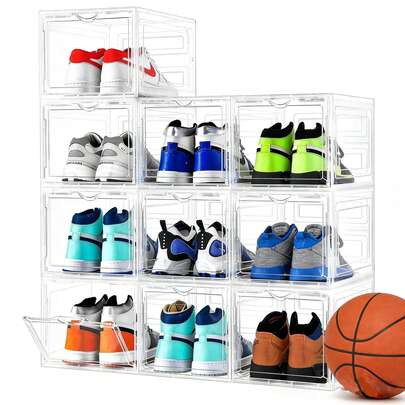 6/12 Pack Extra Large Clear Shoe Boxes With Lids - Stackable Shoe Rack Design, Dustproof & Moisture Resistant, Sneaker Shoe Box Organizer For Closet Bedroom Entryway