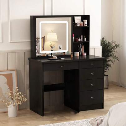 Tocador Vanity con Espejo Luz LED Mueble para Maquillaje Vintage Blanco con Espejo Movible Escritorio con 6 Cajones y Estantes De Almacenaje