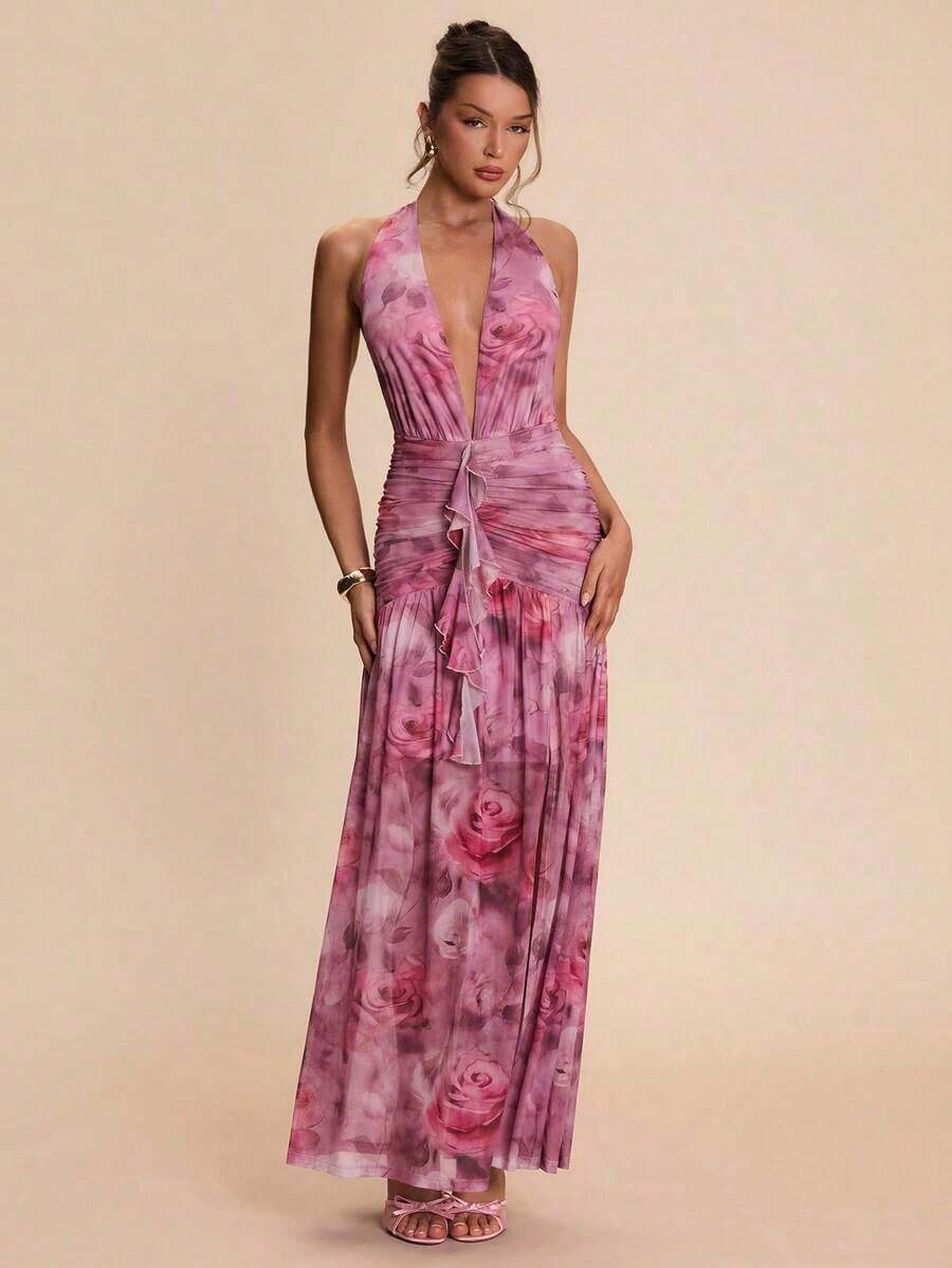 Valentine Outfits For WomenBAE Sexy Minimalist Solid Yellow Cream Deep V-Neck Halter Bodycon Ruched Fitted Women's Maxi Mesh Dress, Suitable For Party, Cocktail, Formal Occasions, Bridesmaid, Birthday, Business Casual, Elegant Women Maxi Dress,Valentine's Day,Valentine Fits For WomenLoose And Comfortablevalentine's Day - 粉色 - 查看 1