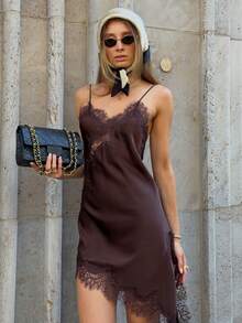 Sexy Satin Sling Dress Lace Spliced V Neck Backless Asymmetric Short Dresses Chic Beach Party Lady Evening Dress - Brown - View 2