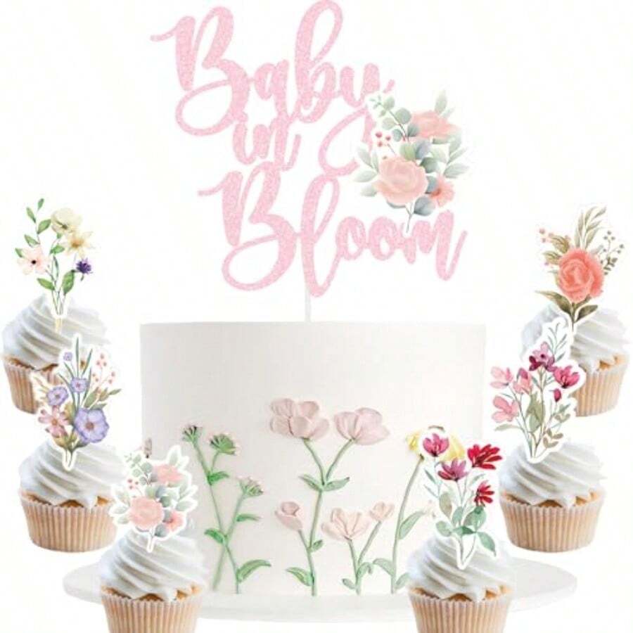 DBaby In Bloom Baby Shower Cake Cupcake Toppers Little Wildflower Food Picks Pink Girl Party Decoration - 如圖 - 查看 1