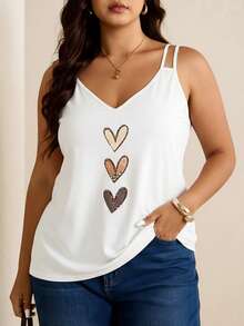 Plus Size Women Casual V-Neck Sleeveless Camisole, Heart Print Slim Fit Cami Top, Fashionable For Commuting And Vacation, Summer - White - View 5