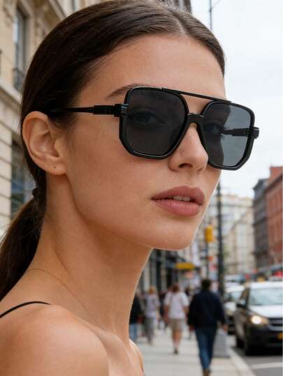 1pc Women's Full Frame Double Bridge Fashion Glasses, & Stylish For Daily, Outdoor, Driving, Travel, Runway, Party