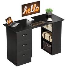 HOMCOM Computer Desk, Writing Table, PC Workstation With 3 Storage Shelves And Drawers, Silver Handle, For Home Office, White - Negro - Ver 2