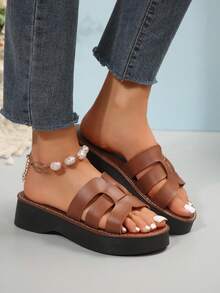 New Women Slip-On Thick Sole Sandals Slippers, Solid Color Beach & Home Wear - Brown - View 6