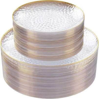 2pcs Transparent Hammered Gold Rim Plates, Round Gold Rim, Transparent Bottom With Gold Trim, Elegant Dessert Plate, Pasta Plate, Pizza Plate, Cake Plate, Salad Plate, Size 7.5 Inches/10.25 Inches, Reusable And Easy To Clean, Suitable For Outdoor Use, Parties, Birthdays, Weddings And Holidays